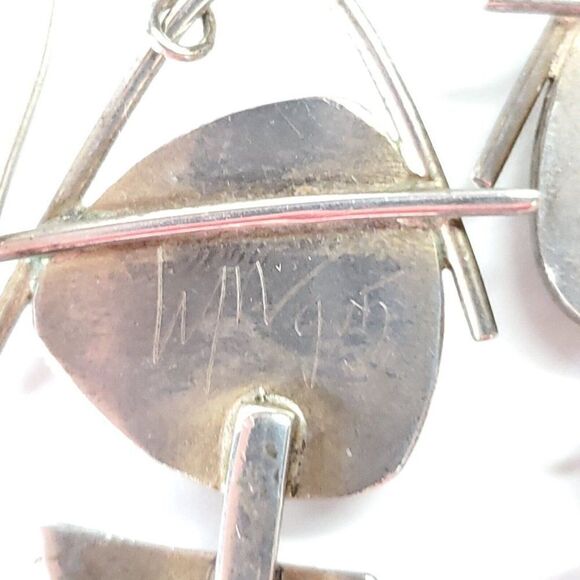 Artisan Sterling Silver Geometric Modernist Boho Earrings Green Brown Agate - Picture 5 of 5